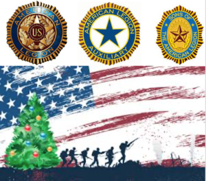 American Legion, Auxiliary and Sons logos above a US flag, superimposed with a holiday tree and soldiers walking through a field.