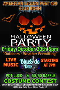 American Legion Post 409 2023 Halloween Party flyer (information is in the page text).