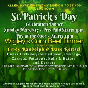 American Legion Post 409 2024 St. Patrick's Day Dinner announcement.