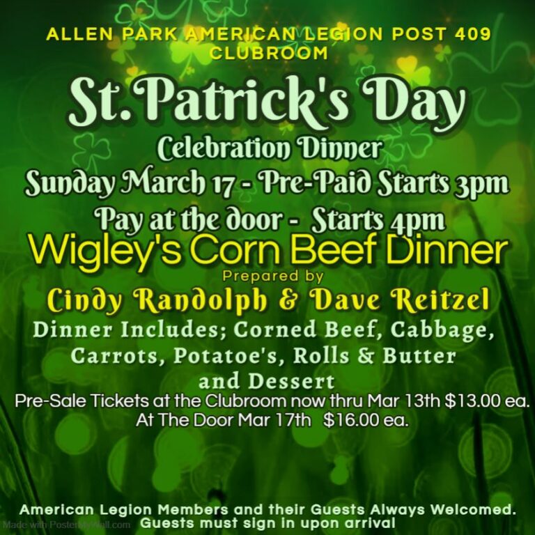 St. Patrick's Day Dinner 2024 American Legion Post 409