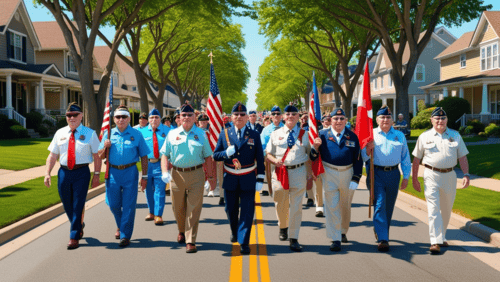 Veterans marching in a parade on a suburban street.